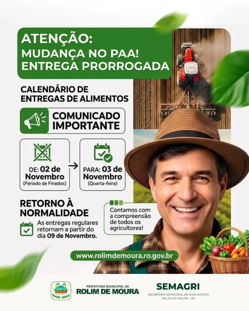 Entrega do Programa de Aquisição de Alimentos (PAA) em Rolim de Moura é transferida para o dia 3 de novembro