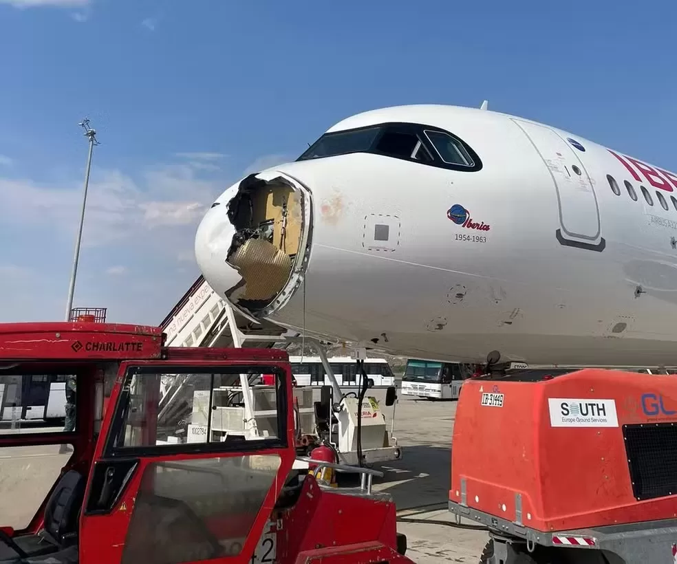 Avião fica com bico destruído após choque com pássaro e faz pouso de emergência na Espanha;